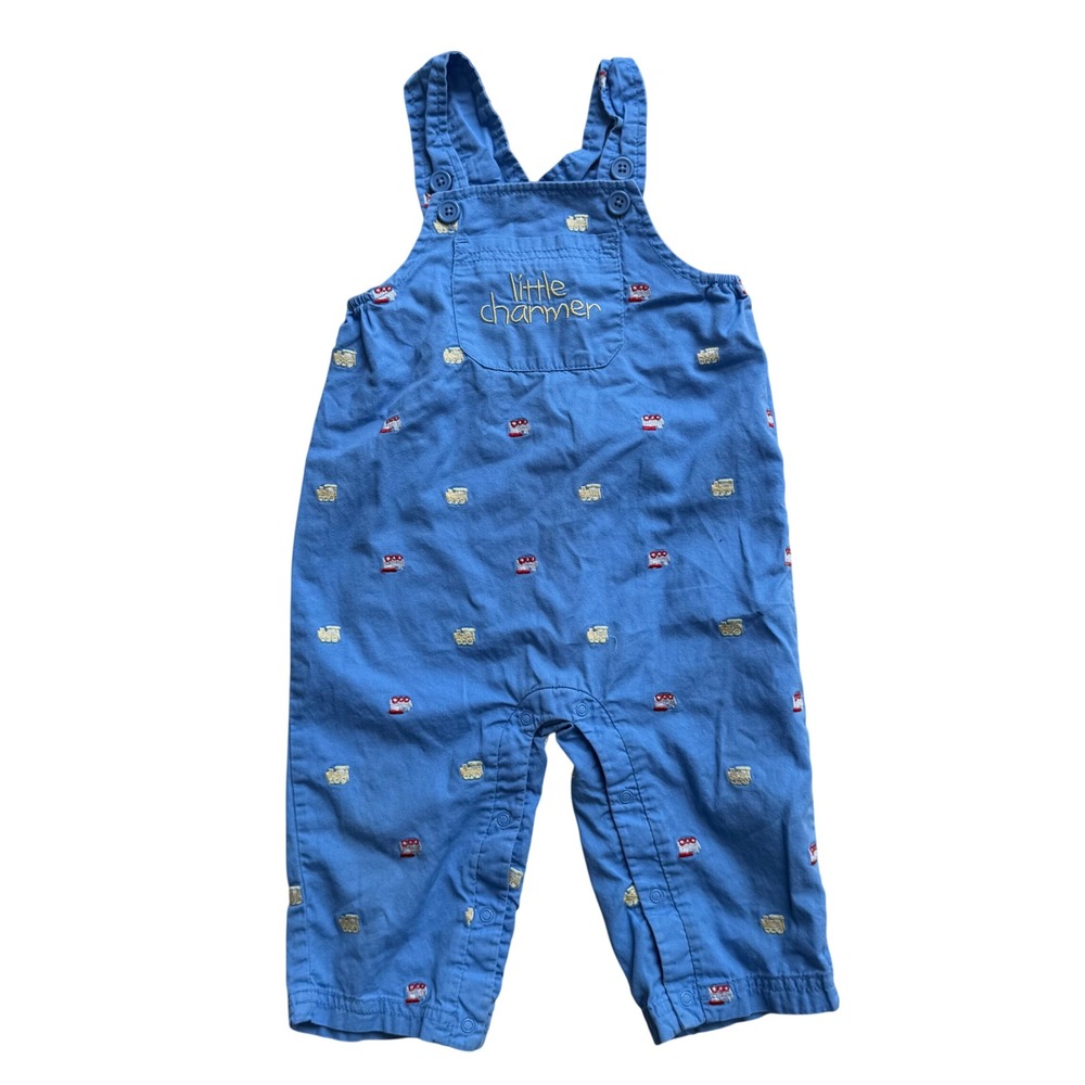 VTG Embroidered train overalls 18M Blue Boys Little Charmer Romper cotton retro
